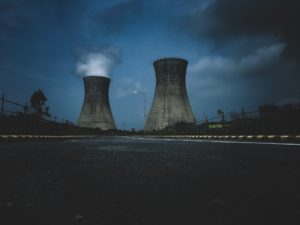 Photo of nuclear reactor smoke stacks