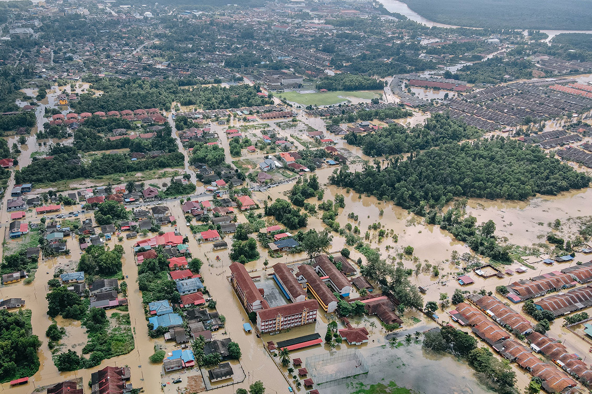 Aerial photo of a flooded town